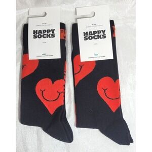 2 Pairs Happy Socks Combed Cotton Blend Crew Socks - Black w/ Red Hearts